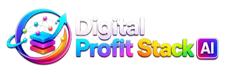 Digital Profit Stack AI review showing the self-hosted WordPress AI dashboard with imported products, generated promo assets, and portfolio website preview
