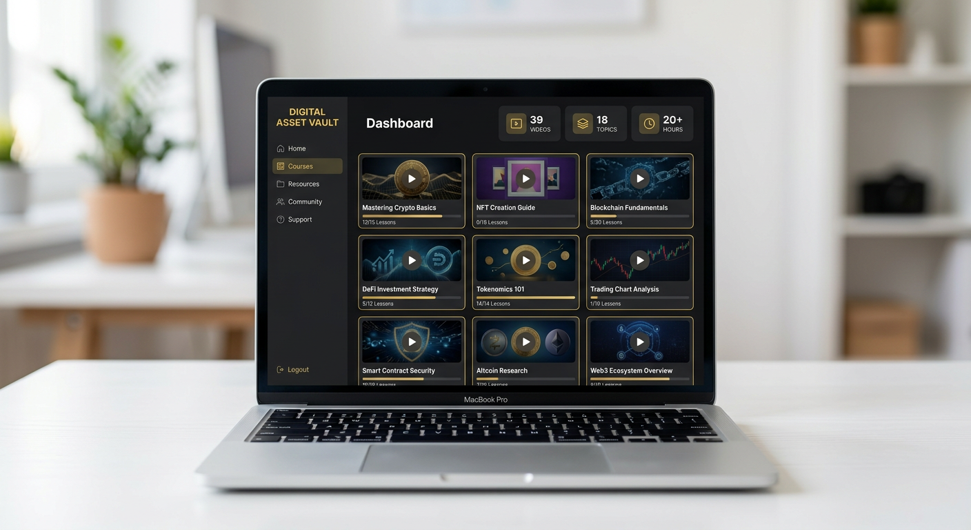 Digital Asset Vault members area dashboard mockup showing the video course library