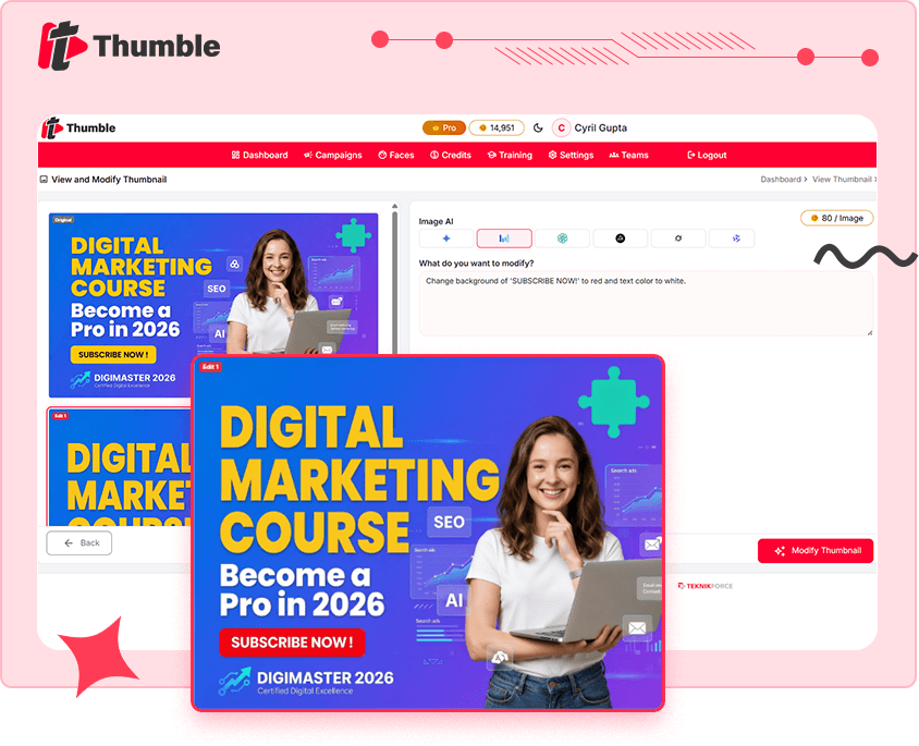 Create multiple thumbnail variations and angles in Thumble AI to discover winners faster