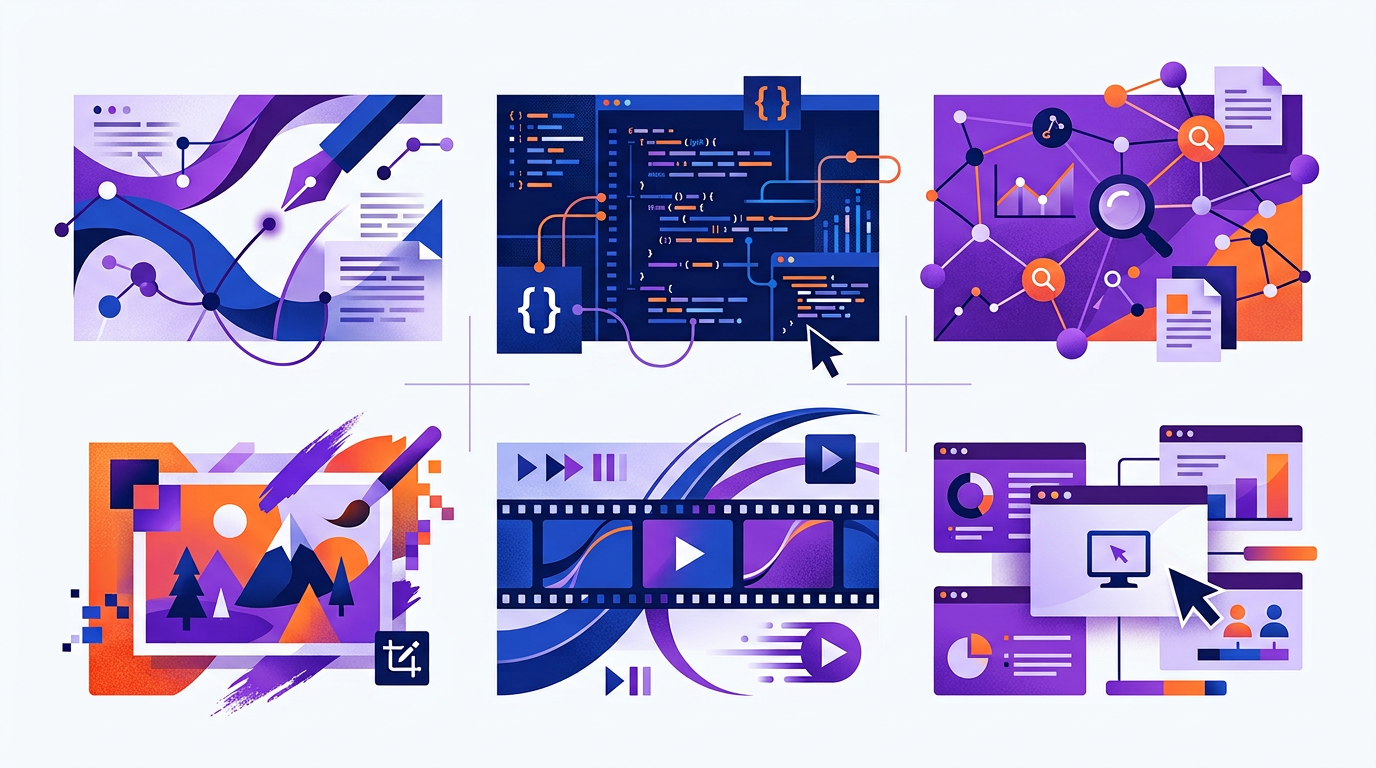 AI writing coding research image and video feature collage