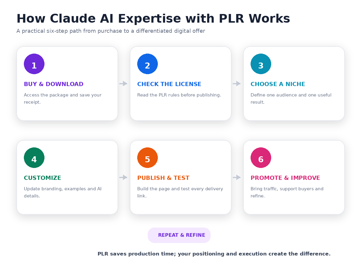 How Claude AI Expertise with PLR works in six steps from purchase and licensing to customization, publishing and promotion
