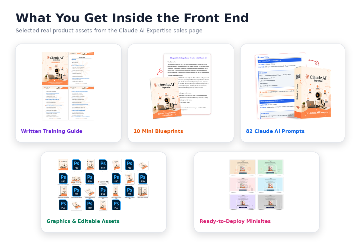 Real Claude AI Expertise package assets including training guide, blueprints, prompt vault, graphics and minisites