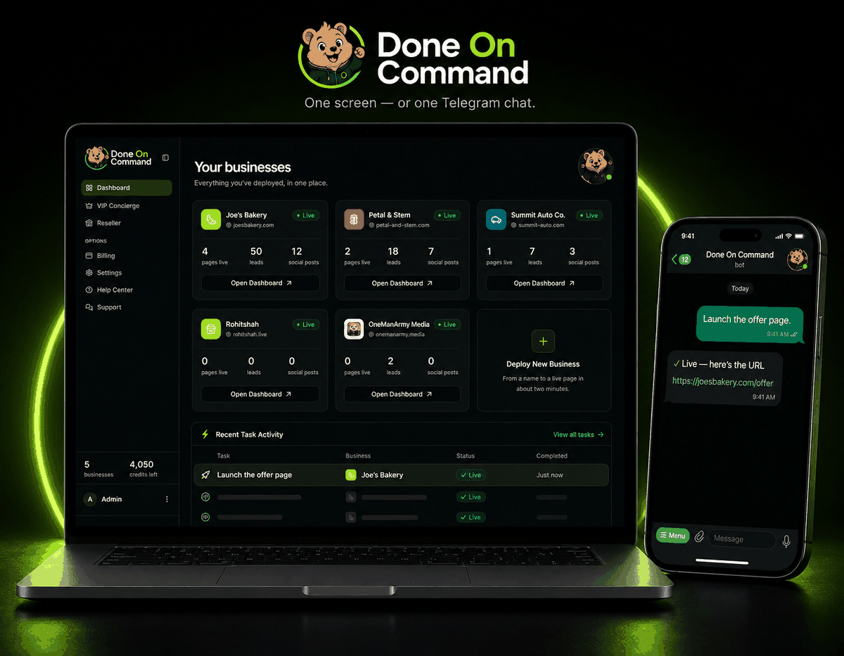 Done On Command dashboard on a laptop showing five live client businesses, next to a phone running the same commands from a Telegram chat