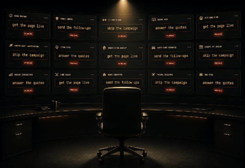 An open operator seat facing a wall of small business screens waiting for work