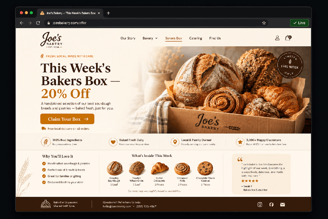 Finished landing page published live on a real URL in the brand colours