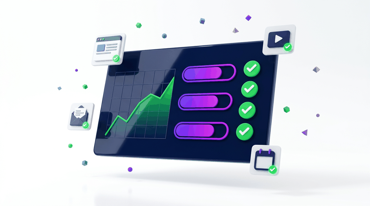 Dashboard showing completed marketing tasks marked live, rendered, sent and scheduled