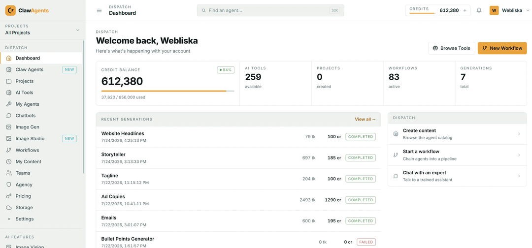 Claw AI Army web dashboard — agents, projects, runs and outputs organized in one workspace