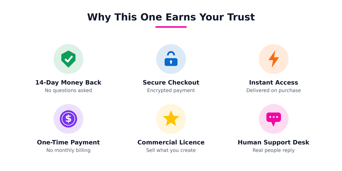 Trust signals: 14 day money back, secure checkout, instant access, one-time payment, commercial licence, human support