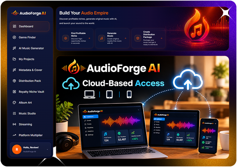 AudioForge AI cloud access on laptop tablet and phone