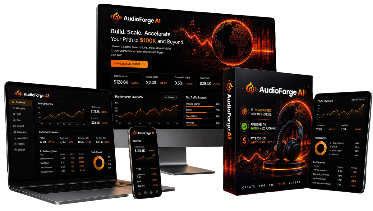 AudioForge AI complete platform on desktop, tablet and phone