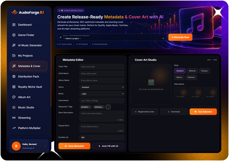 AudioForge AI release packaging with titles metadata and cover art