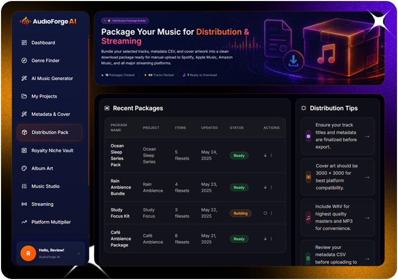 AudioForge AI publishing packages to streaming platforms