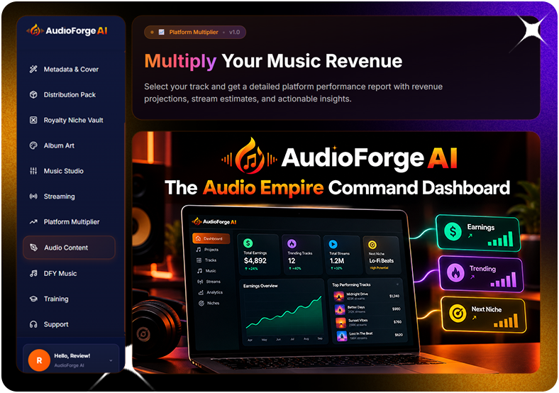 AudioForge AI command dashboard tracking streams and revenue