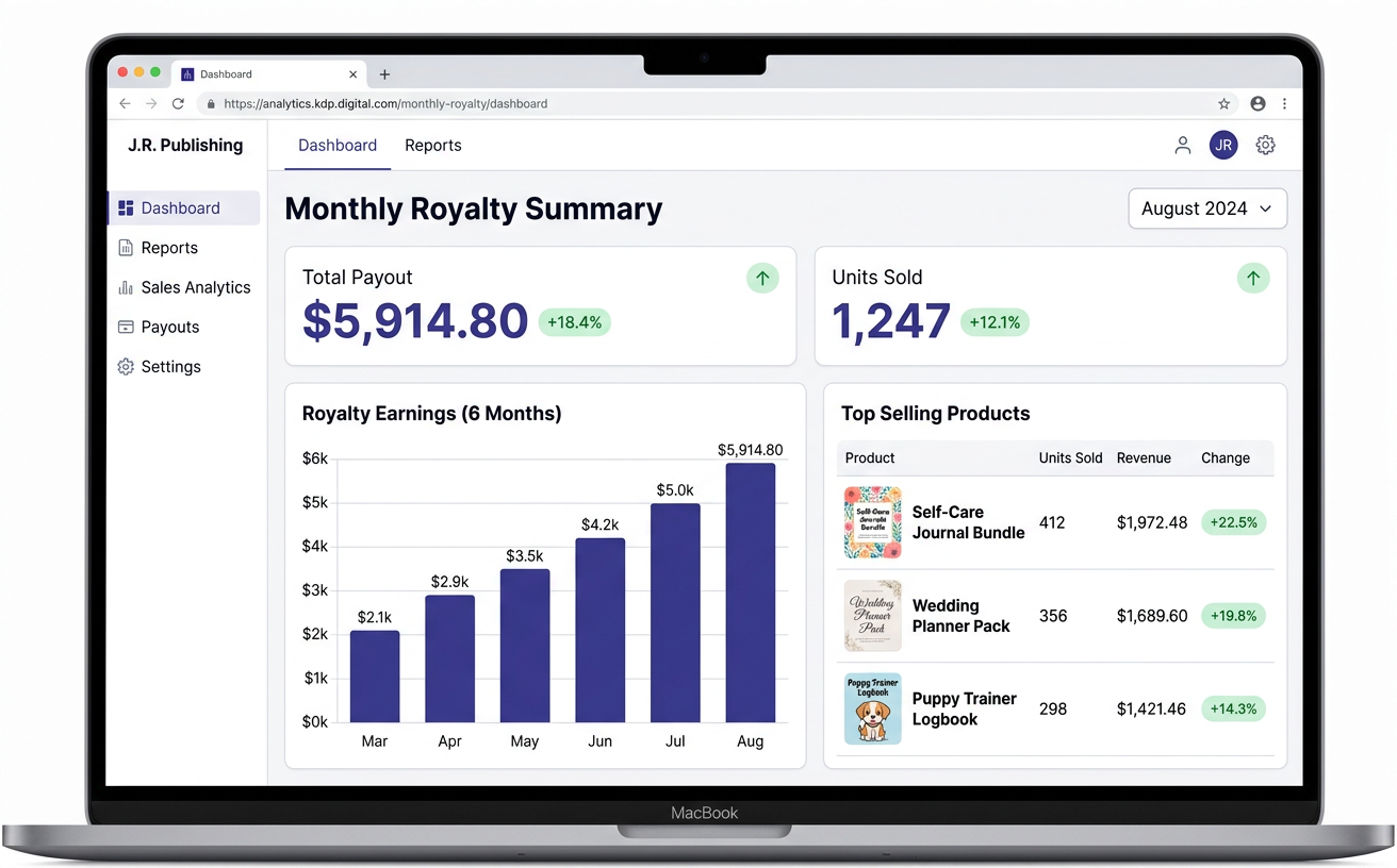 NicheGoldmine AI results — monthly royalty dashboard