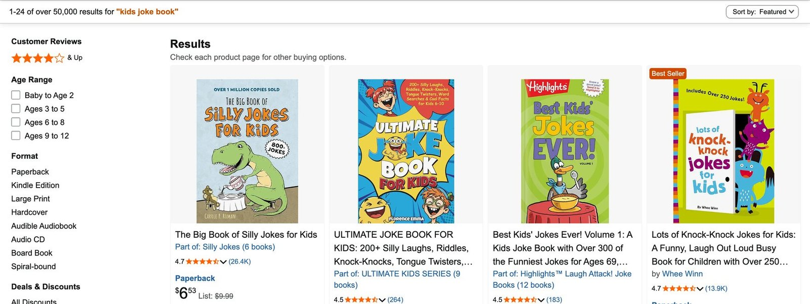Amazon search results for kids joke books