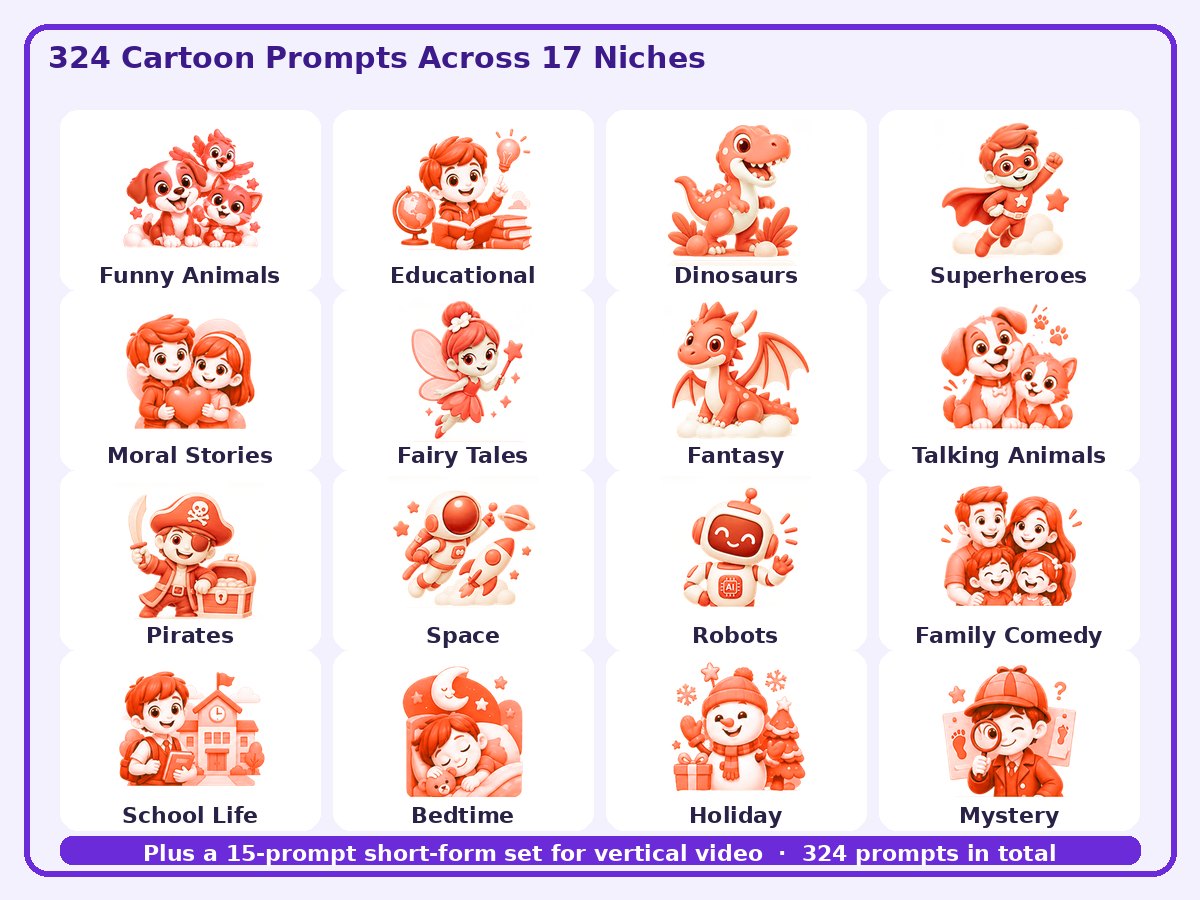 All 17 cartoon niches in the prompt library: funny animals, educational, dinosaurs, superheroes, moral stories, fairy tales, fantasy, talking animals, pirates, space, robots, family comedy, school life, bedtime, holiday and mystery