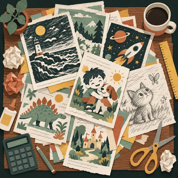 Loose book pages in mismatched art styles on a desk