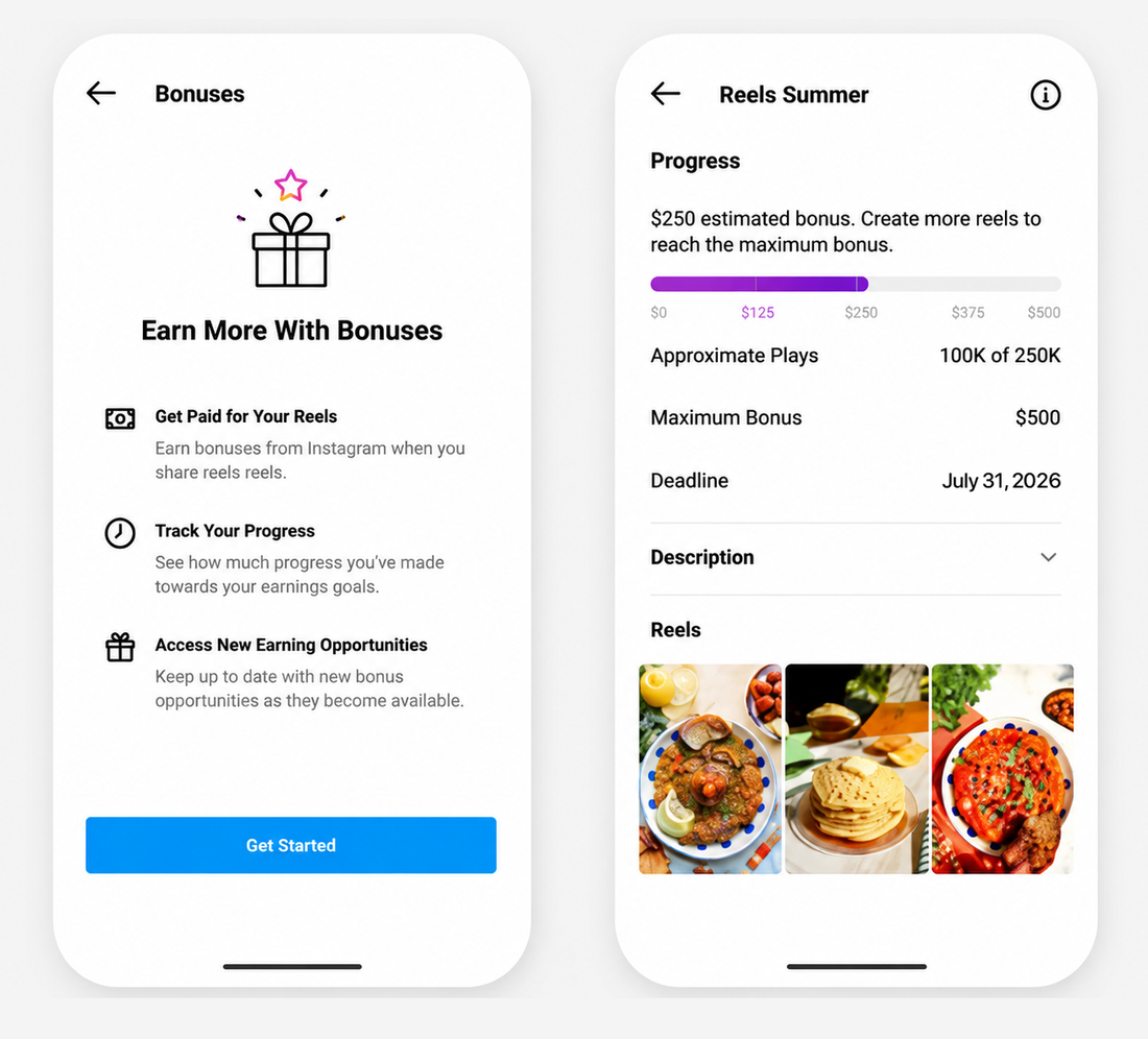 Instagram reels bonus screen: $250 estimated bonus, $500 maximum bonus