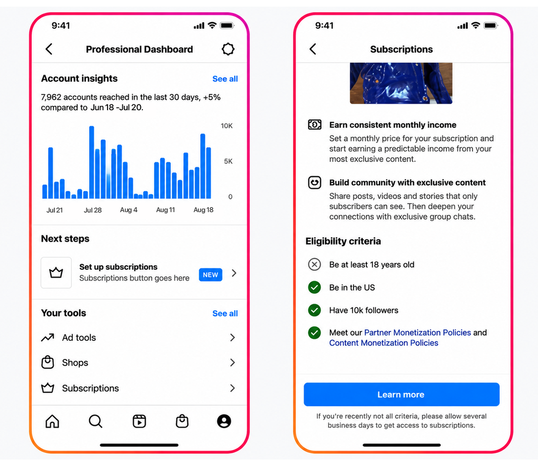 Instagram professional dashboard and subscriptions eligibility screen
