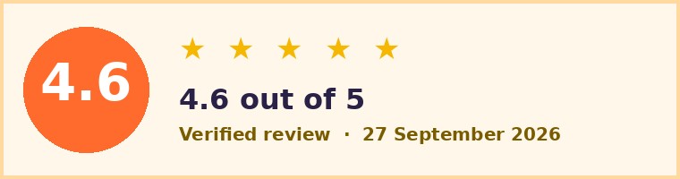 Review score: 4.6 out of 5, verified 27 September 2026