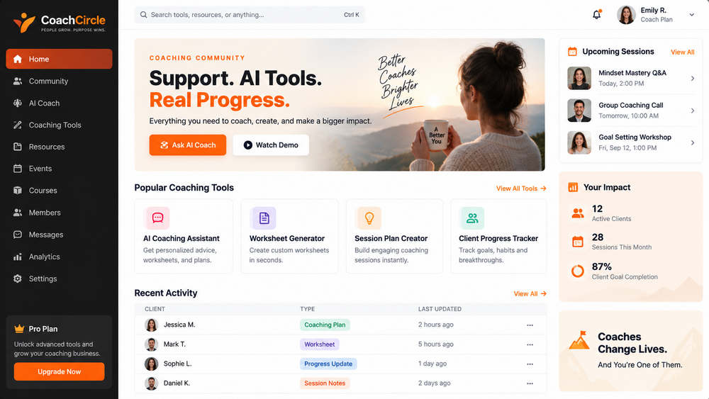 Branded AI platform layout for coaching programs