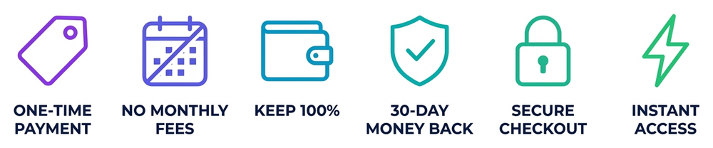 One-time payment, no monthly fees, keep 100%, 30-day money back