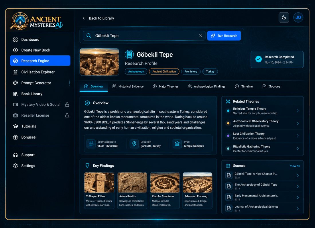 Ancient Mysteries AI research engine screen