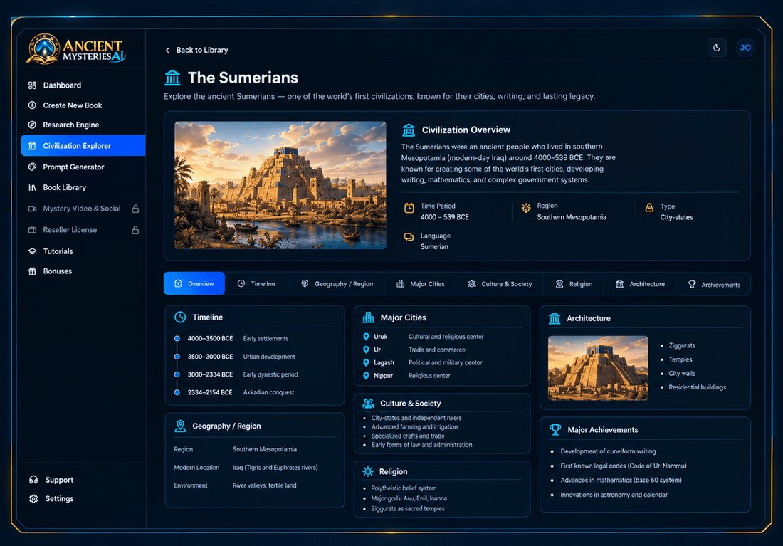 Ancient Mysteries AI civilization explorer screen
