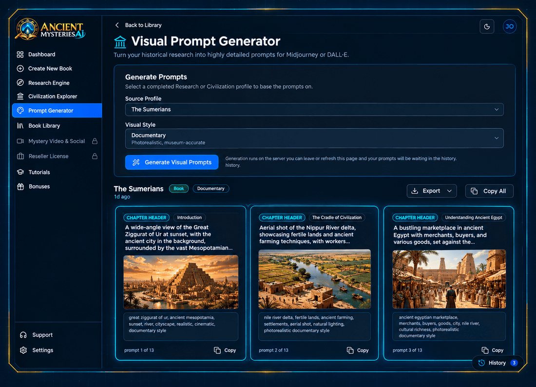 Ancient Mysteries AI visual prompt generator screen
