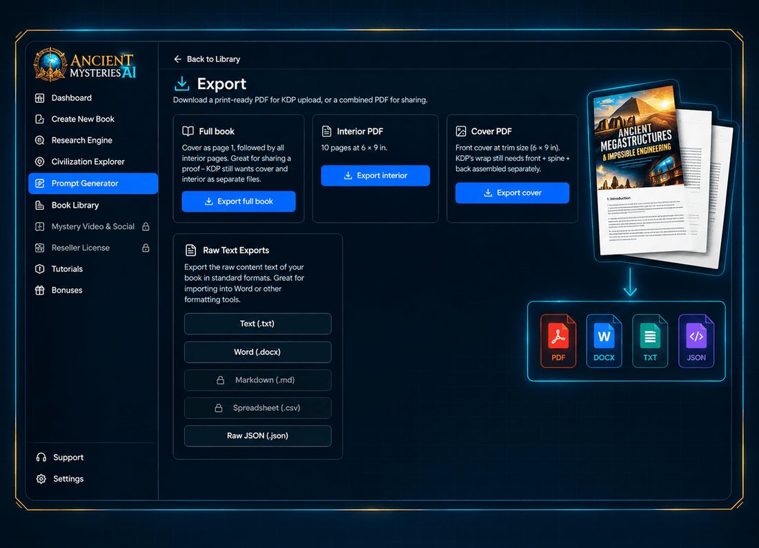 Ancient Mysteries AI export center screen