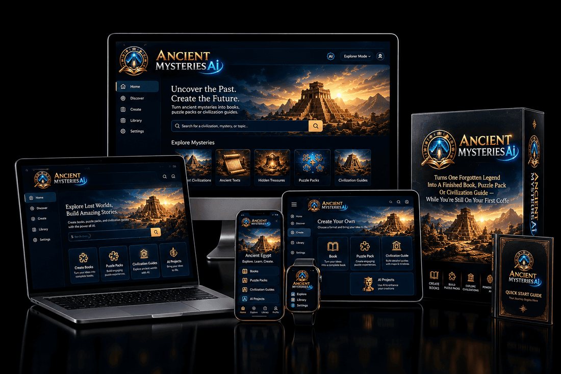 Ancient Mysteries AI dashboard, book and guide output