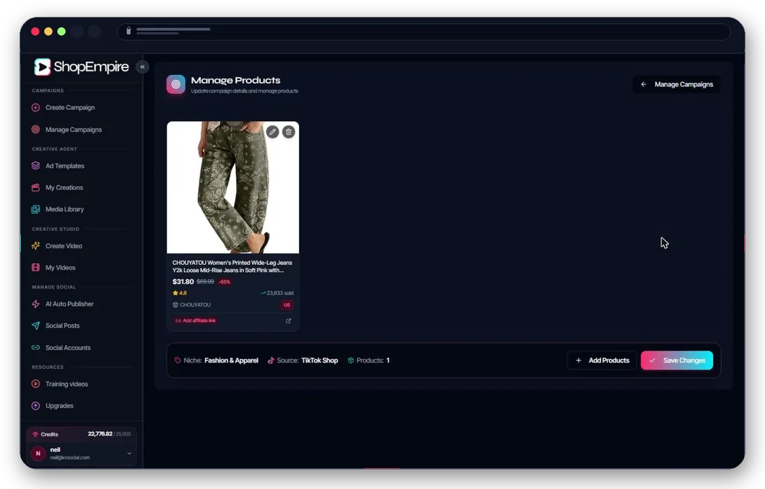 ShopEmpire product management screen with affiliate-link controls