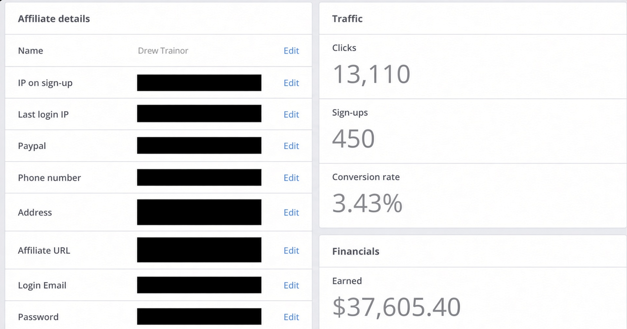 Affiliate dashboard screenshot showing clicks, sign-ups and earnings