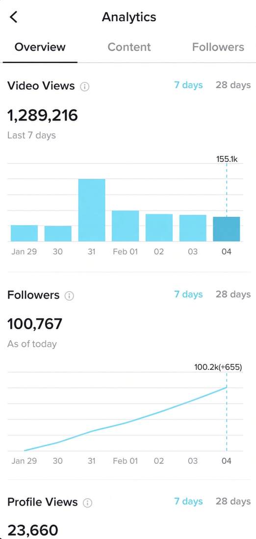 Short-form video analytics dashboard showing views, followers and profile views