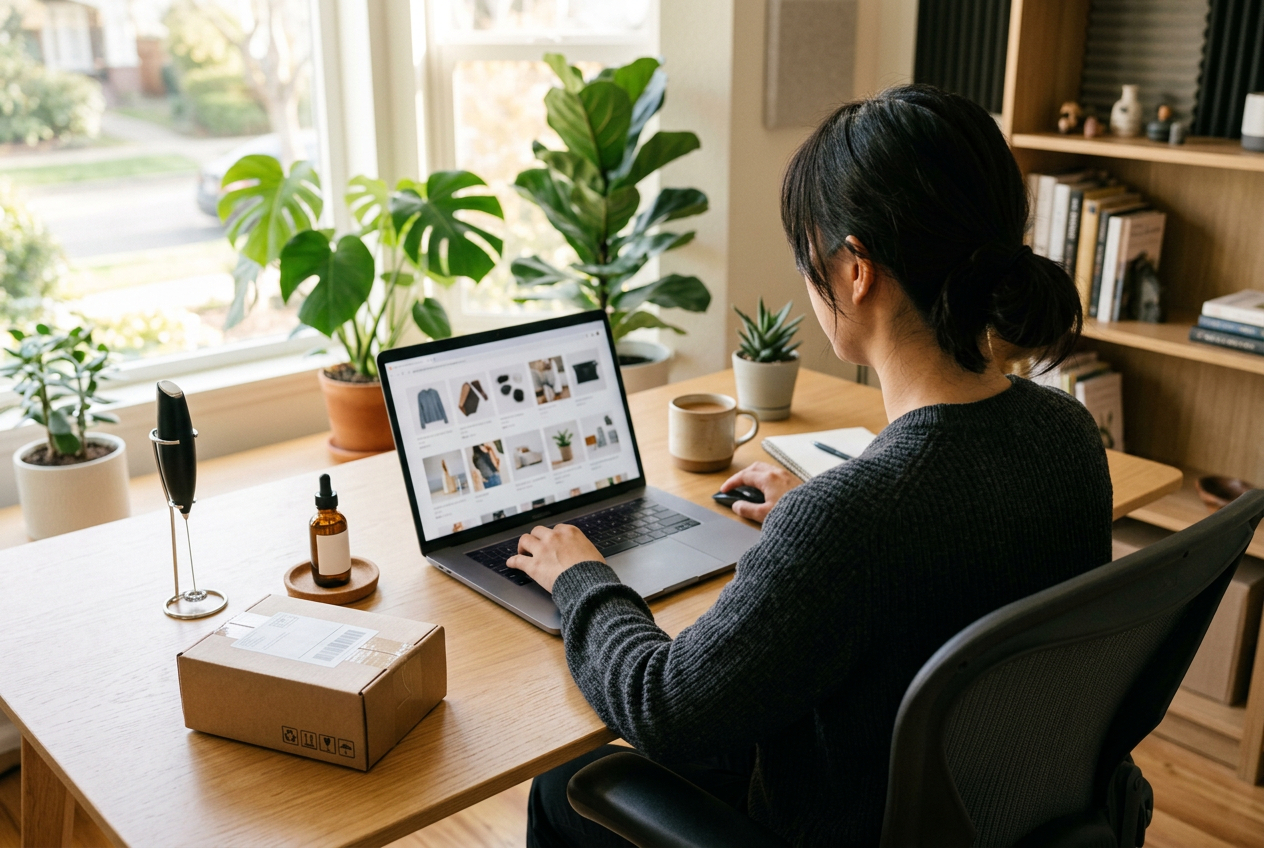 Faceless creator working on product content in a small home studio