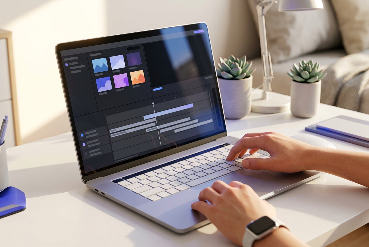 Hands editing a faceless video on a laptop