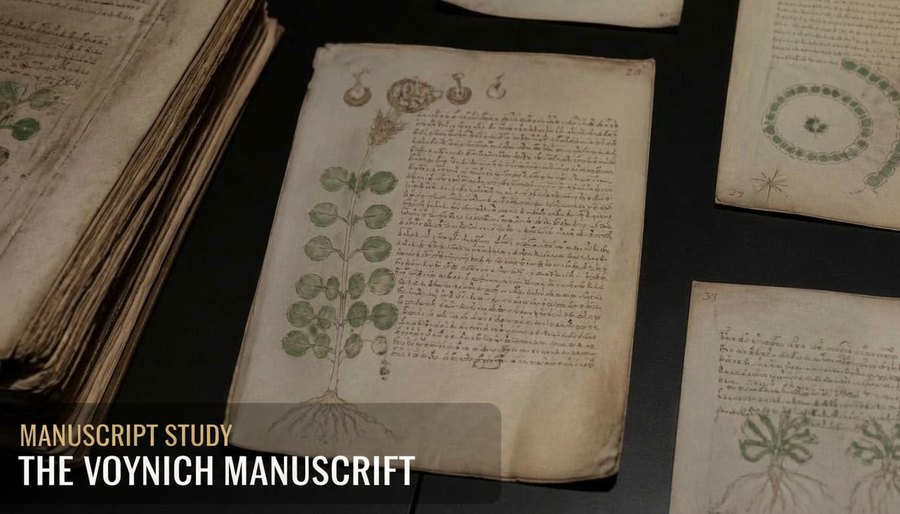 Ancient Mysteries AI manuscript study image for the Voynich Manuscript