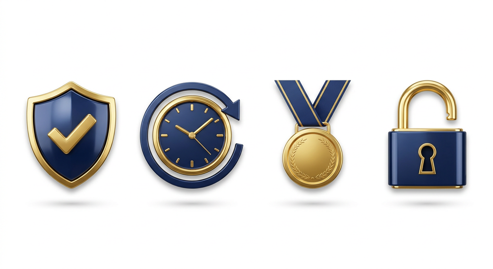Money-back guarantee, monthly credits, bonus and secure access badges