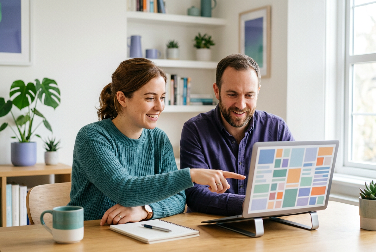 Two online creators planning content together at a laptop